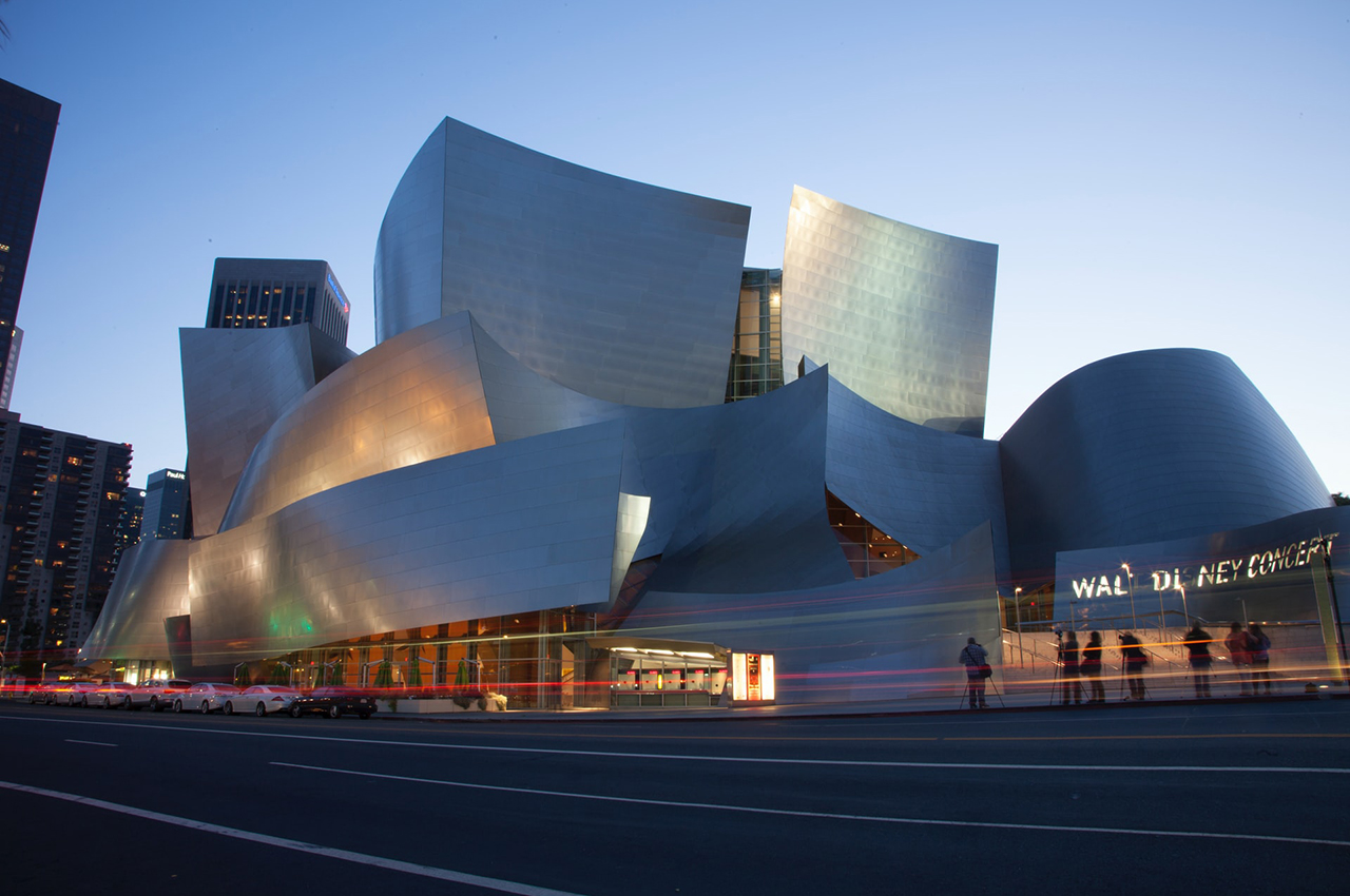 Walt Disney Concert Hall in Los Angeles during sunset.