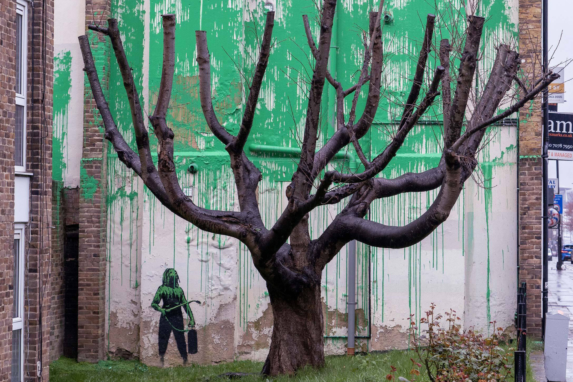 A mural depicts a stenciled figure of a woman spraying green paint over a white wall behind a pruned tree, giving the illusion of foliage.