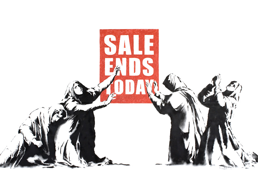 An older print of Banksy's work depicts mournful women gatehred around a sign bearing the words sale ends today.